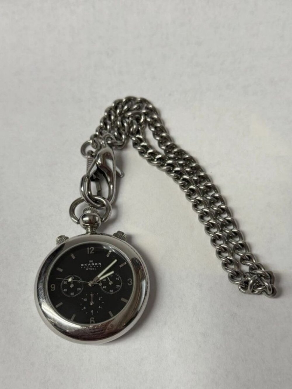 Skagen Denmark 385LSSB Pocket Watch Chronograph Stainless Steel READ